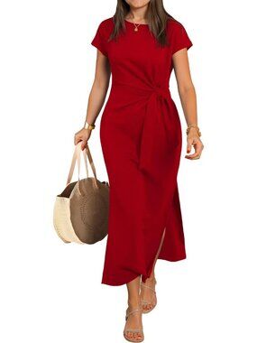 Anrabess Women's Red Fashion Casual Crew Neck Waist Wrinkle-Free Fit Long Dress